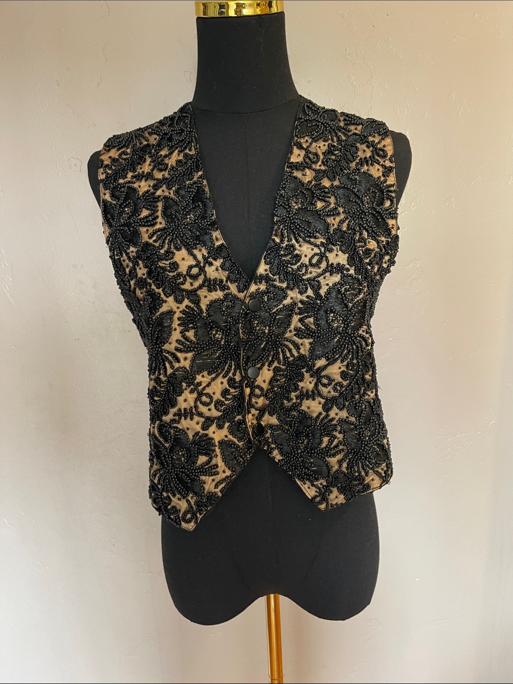 Vintage Ann Tjian for Kenar Hand Beaded Floral Mesh Vest Black Gold Whimsigoth